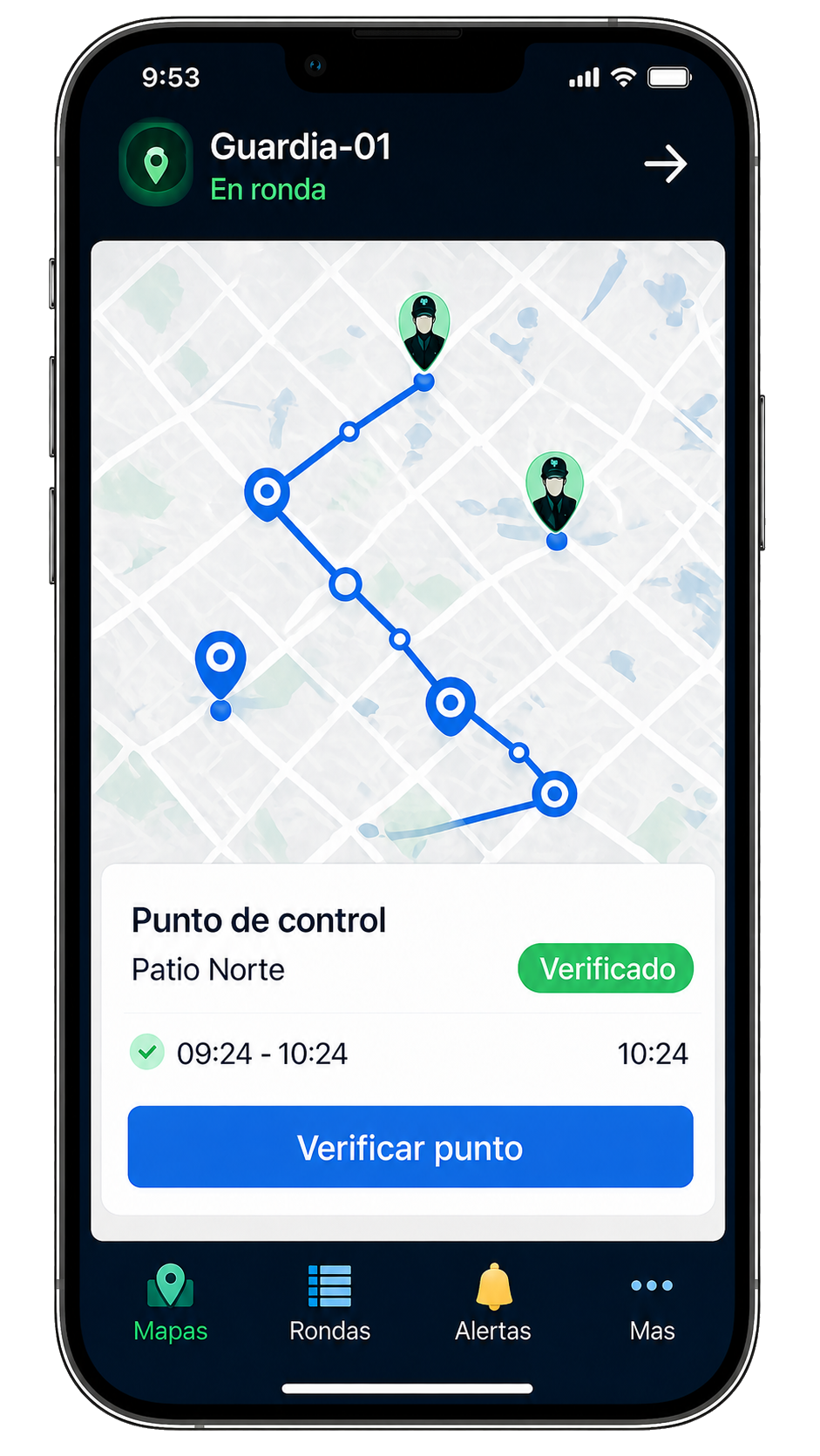 Aplicacion movil de rondas GPS con mapa y punto de control verificado